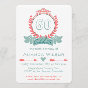 Modern Chevron Coral Blue 60th Birthday Invitation