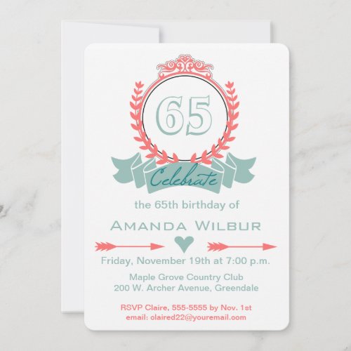 Modern Chevron Coral Blue 65th Birthday Invitation