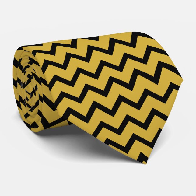 Modern Chevron Design Tie in Black and M Gold (Rolled)