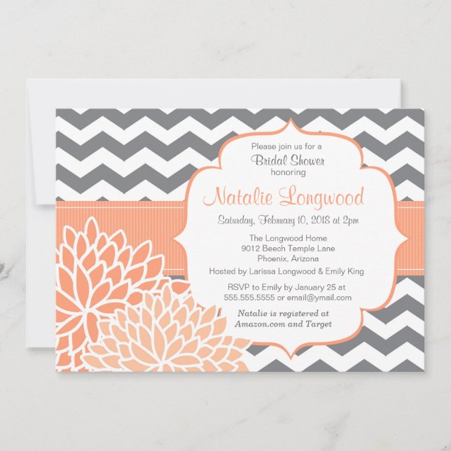 Modern Chevron Floral baby or bridal shower peach Invitation (Front)