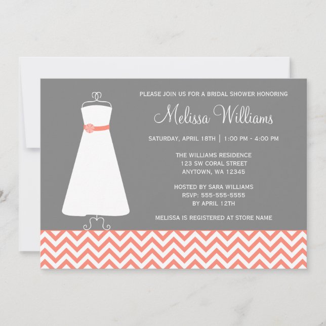 Modern Chevron Gown Coral Gray Bridal Shower Invitation (Front)