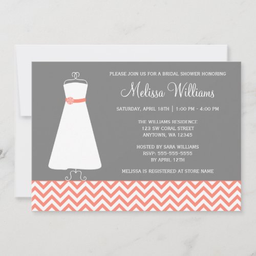 Modern Chevron Gown Coral Gray Bridal Shower Invitations