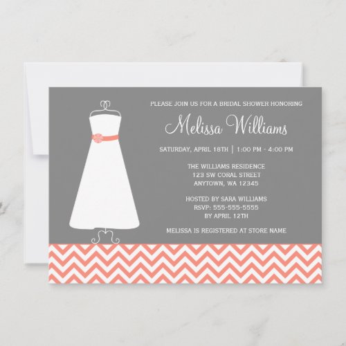 Modern Chevron Gown Coral Gray Bridal Shower 4.5x6.25 Paper Invitation Card