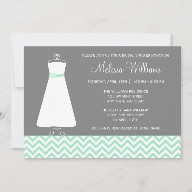 Modern Chevron Gown Mint Gray Bridal Shower Invitation (Front)