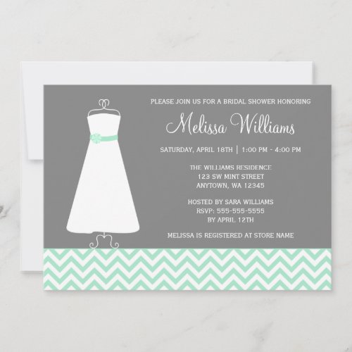 Modern Chevron Gown Mint Gray Bridal Shower Invites