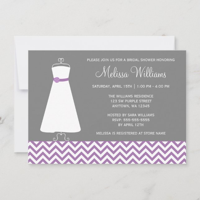 Modern Chevron Gown Purple Grey Bridal Shower Invitation (Front)