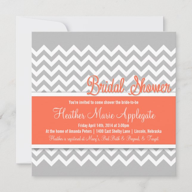 Modern Chevron Gray Coral Bridal Shower Invitation (Front)