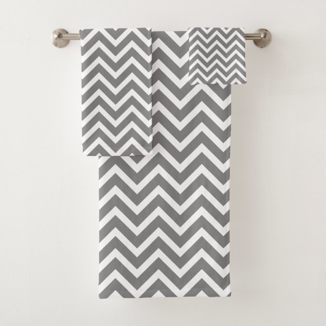 Modern Chevron Gray Grey White Geometric Bath Towel Set (Insitu)