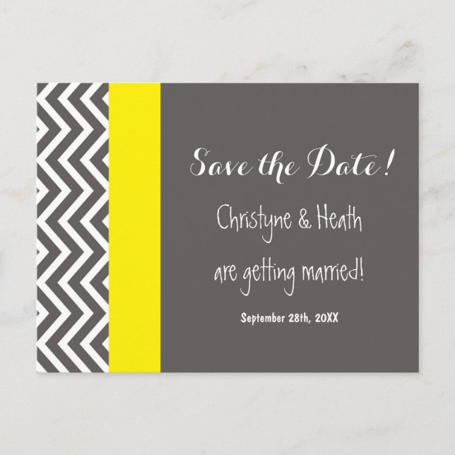 Modern Chevron Gray & Yellow Save Date Postcard (Front)
