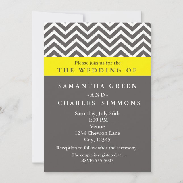 Modern Chevron Gray & Yellow Wedding Invitations (Front)