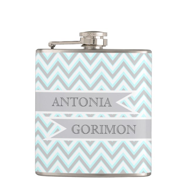 Modern chevron grey, aqua wedding personalized flask (Front)
