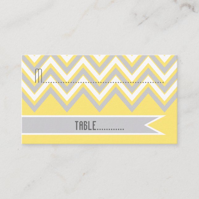 Modern chevron grey, yellow wedding place card (Front)