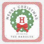 Modern Chevron Merry Christmas Wreath Monogrammed Square Sticker