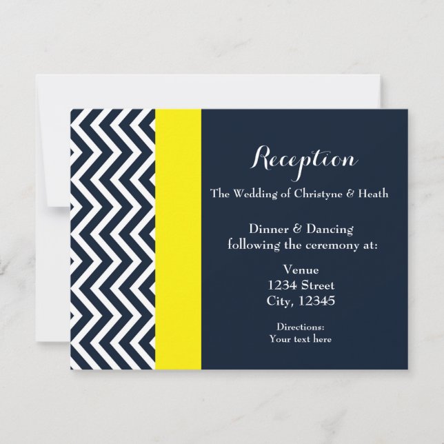 Modern Chevron Navy Blue & Yellow Reception Card (Front)