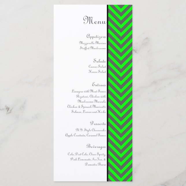 Modern Chevron Neon Green/Grey Wedding Menu (Front)