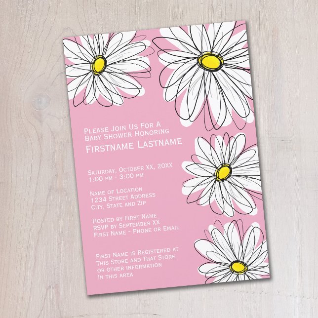 Modern Chevron pattern and daisy Baby Girl Shower Invitation (Whimsical Daisy Baby Shower Invitation - Pastel Pink)
