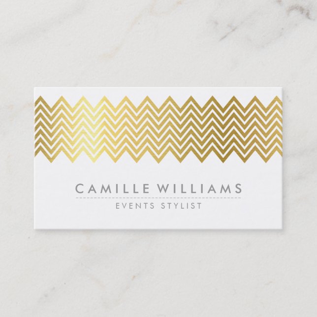 MODERN CHEVRON pattern cool gold foil white gray Business Card (Front)