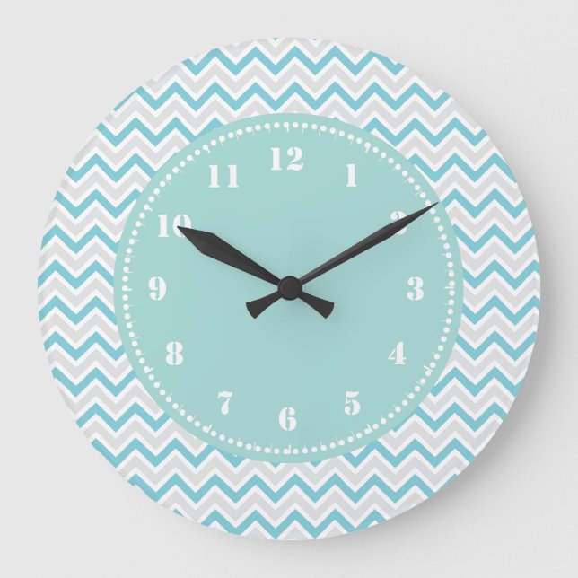 Modern Chevron Pattern Girly Aqua Blue Large Clock (Front)