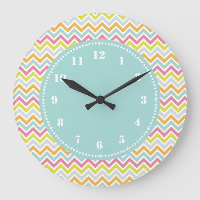 Modern Chevron Pattern Girly Rainbow Large Clock (Front)