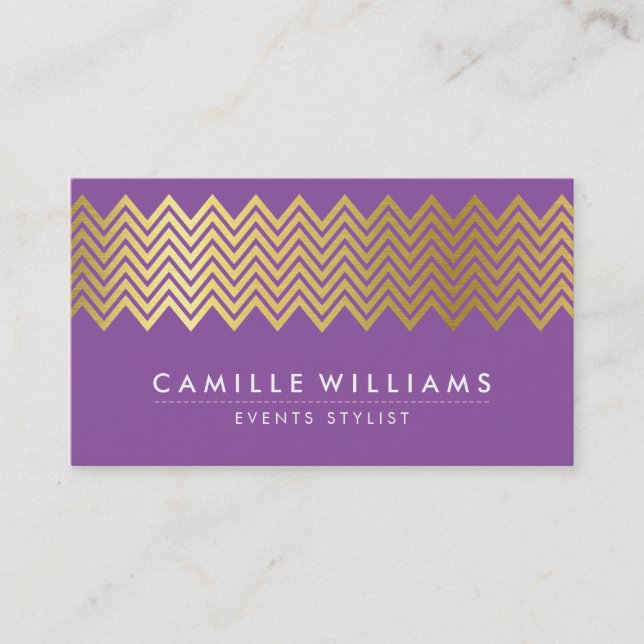 MODERN CHEVRON pattern gold foil trendy purple Business Card (Front)