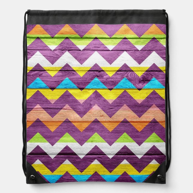 Modern Chevron Pattern on Wood #5 Drawstring Bag (Front)