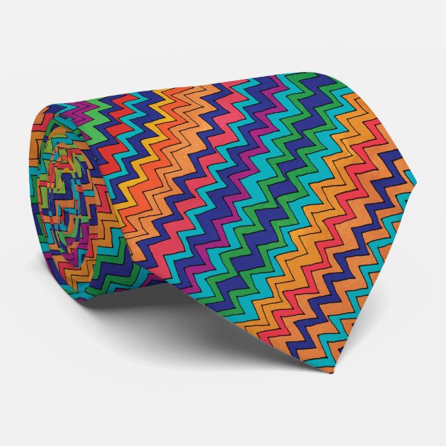 Modern Chevron Pattern Orange Purple Turquoise Neck Tie (Rolled)