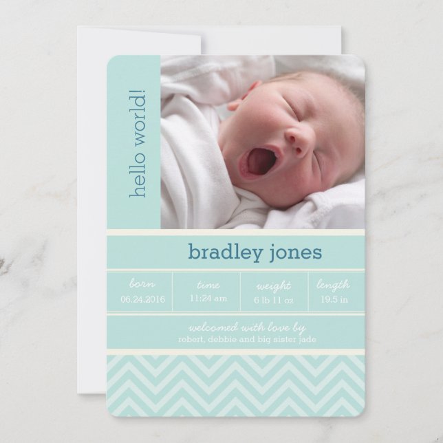 Modern Chevron Photo Birth Announcement Card (Front)