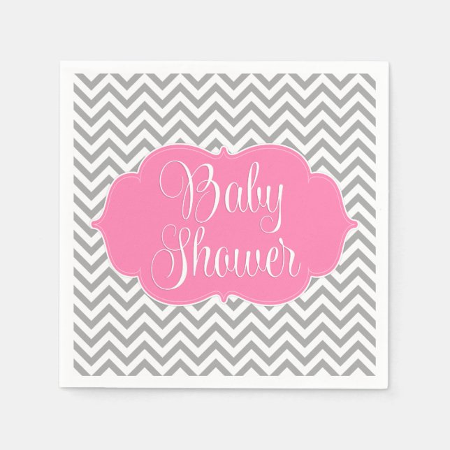 Modern Chevron Pink Gray Baby Shower Paper Napkins (Front)