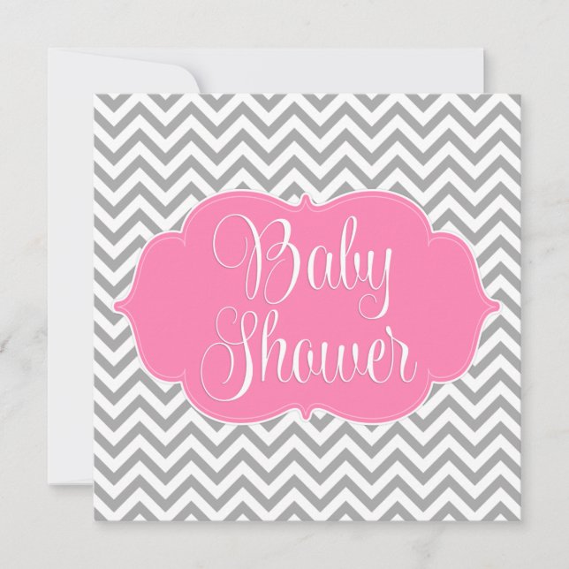 Modern Chevron Pink Gray Girl Baby Shower Invitation (Front)