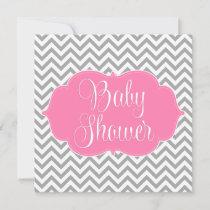 Modern Chevron Pink Gray Girl Baby Shower Invitation