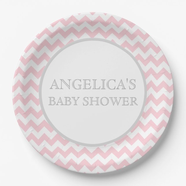 Modern Chevron Pink Grey / Gray Baby Shower Girl Paper Plates (Front)