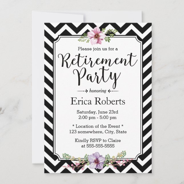 Modern Chevron Stripes Floral Retirement Party Invitation (Front)
