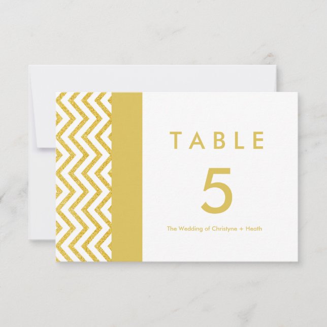 Modern Chevron White & Gold Table Number Card (Front)