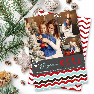 Modern Chevron Zig Zag Pattern Joyeux Noel 3 Photo Holiday Card