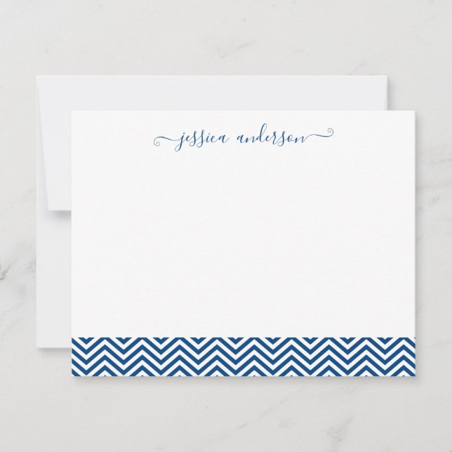 Modern Chevron Zigzag Girly Script Cute Navy Blue Note Card (Front)