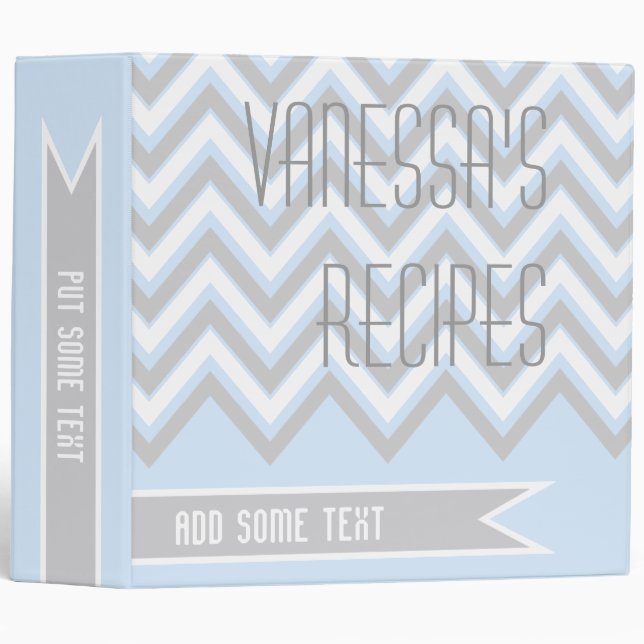 Modern chevron zigzag grey, pale blue recipe 3 ring binder (Front/Spine)