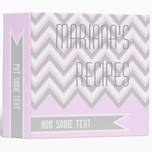 Modern chevron zigzag grey, pink recipe 3 ring binder (Front/Spine)