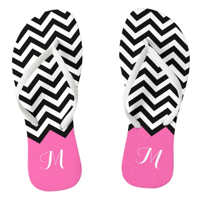 Modern Chevron Zigzag Monogram Girly Rose Pink Flip Flops (Footbed)