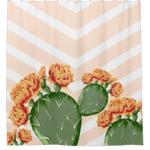 Modern Chevrons Prickly Pear Flowering Cactus Shower Curtain