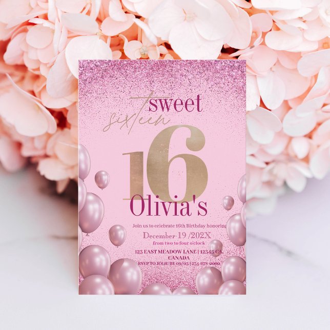 Modern Chic 16th Birthday Pink Balloons Glitter  Invitation (Creator Uploaded)
