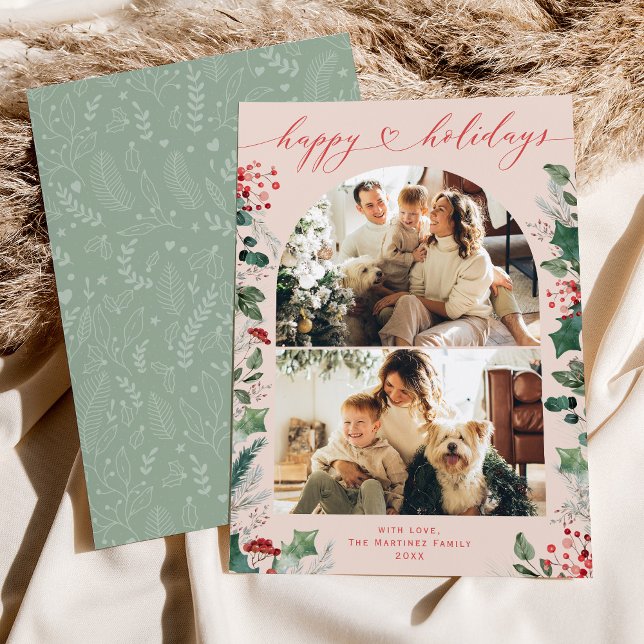 Modern Chic 2 Photo Greenery  Holiday Card (Creator Uploaded)