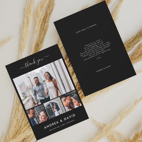 Modern Chic 4 Photo Collage Website Black Wedding Thank You Card