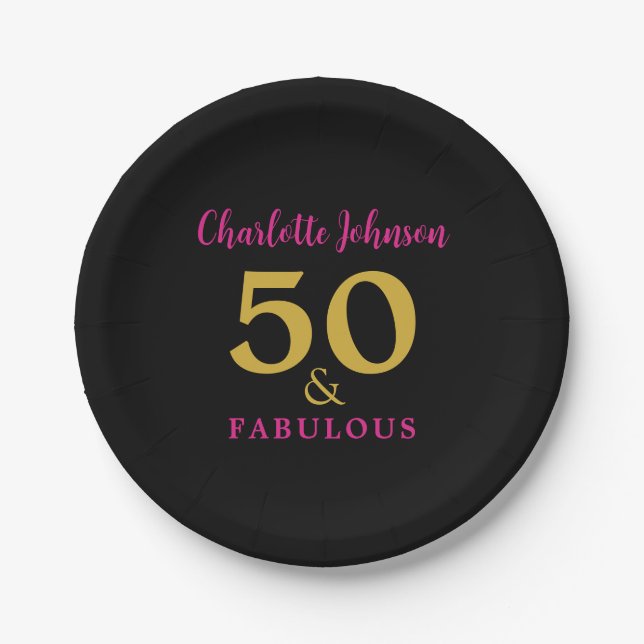 Modern Chic 50th Birthday Party Black Pink Gold Paper Plates (Front)