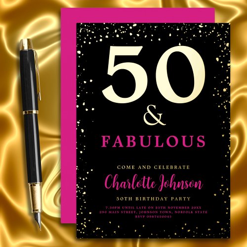 Modern Chic 50th Birthday Party Pink Black Gold Foil Invitation