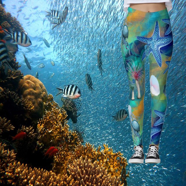 Modern Chic Aqua Blue Marine Life Ocean Starfish  Leggings (Modern Chic Aqua Blue Marine Life Ocean Starfish Leggings)