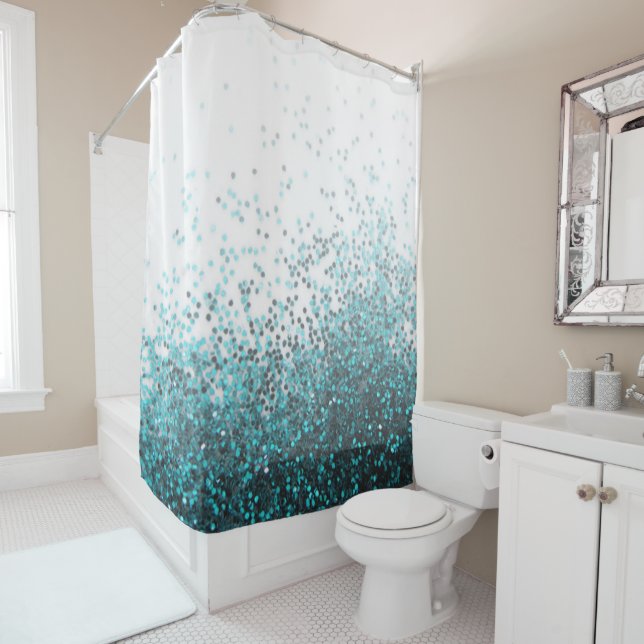 Modern Chic Aqua Green Teal Silver Glitter Sequins Shower Curtain (In Situ)