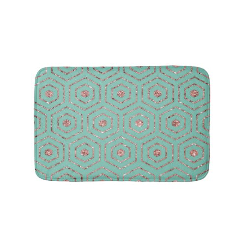 Modern Chic Aqua Rose Gold Glitter Hexagon Geo Bath Mat