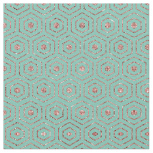 Modern Chic Aqua Rose Gold Glitter Hexagon Geo Fabric