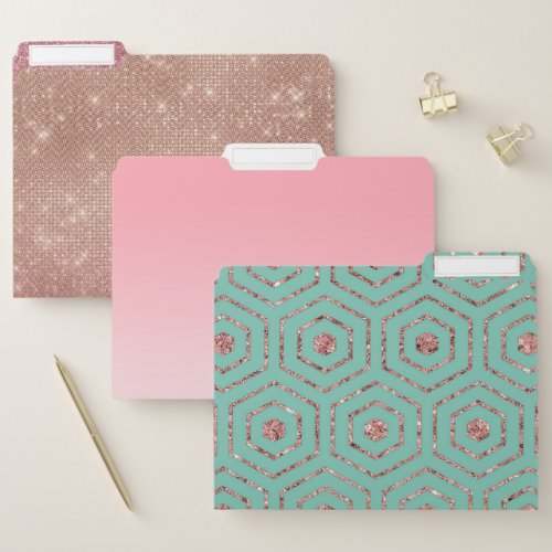 Modern Chic Aqua Rose Gold Glitter Hexagon Geo File Folder