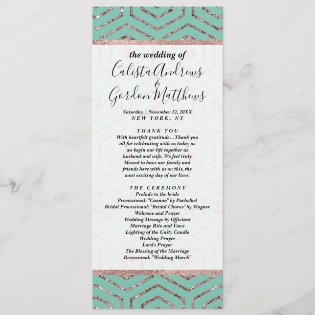 Modern Chic Aqua Rose Gold Glitter Hexagon Geo Program (Front)